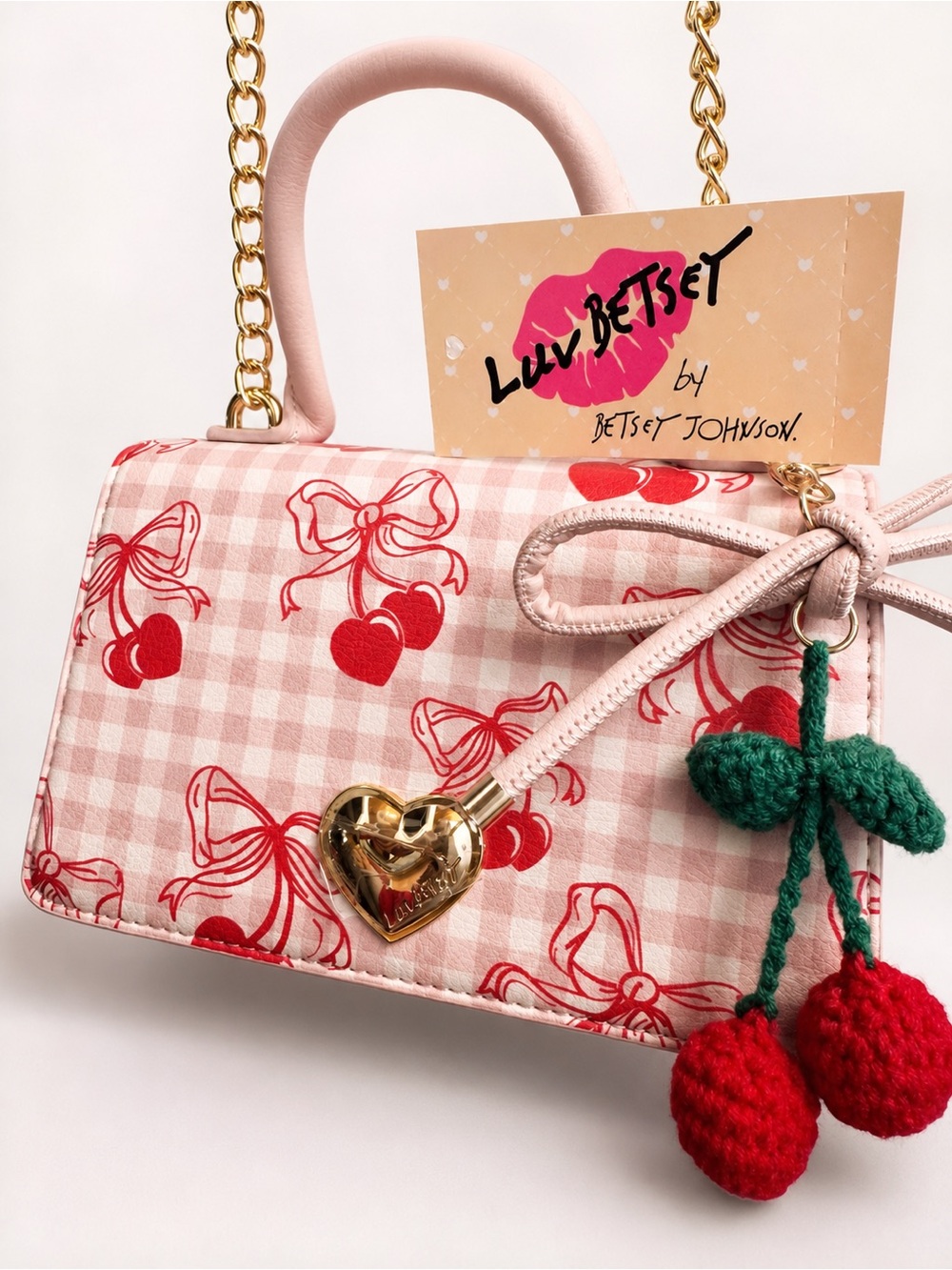 NWT Betsey Johnson Pink Gingham Cherry Bow Top-Handle Crossbody